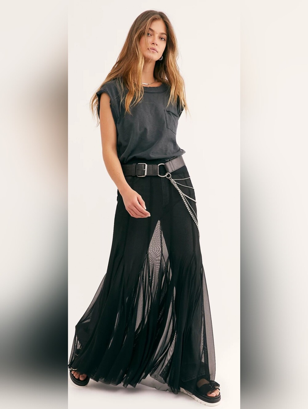 Free People Intimately Godet Girl Black Mesh 1/2 Slip Maxi Skirt
